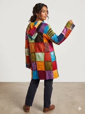 Vintage Patchwork Hooded Cardigan Jacket Women's Colorful Boho Hippie Knit L/XL